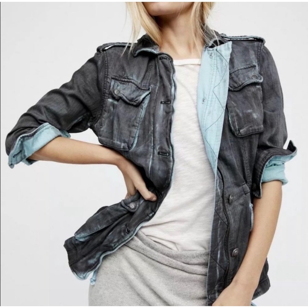 Free People Double Cloth Military Jacket Cargo Utility Cinch Waist Grey Teal Sm